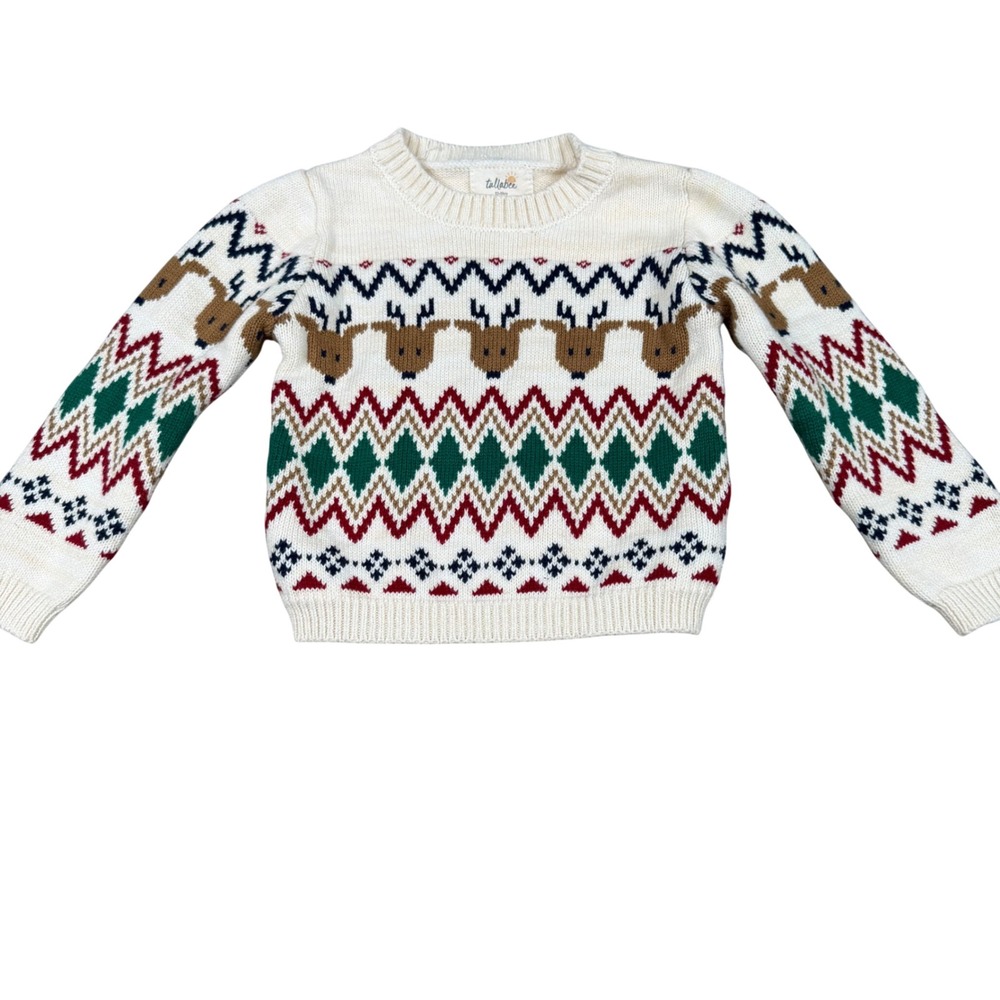 Tullabee Reindeer Fair Isle Knit Sweater Cream Red Green 12-18m Holiday Pullover